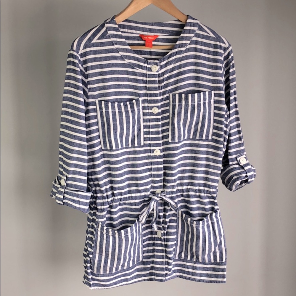Blue white stripped shirt with drawstring waist